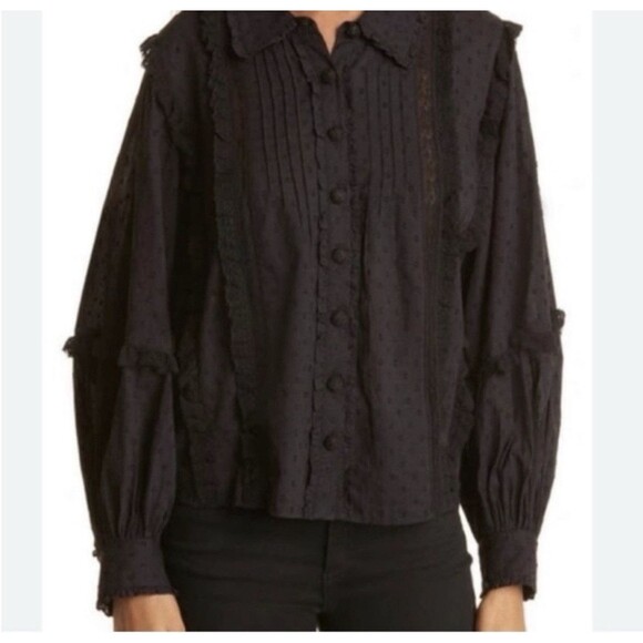 Farm Rio Blouse XS Black Romantic Swiss Dot Ruffle Button Up Victorian Boho - Picture 3 of 16